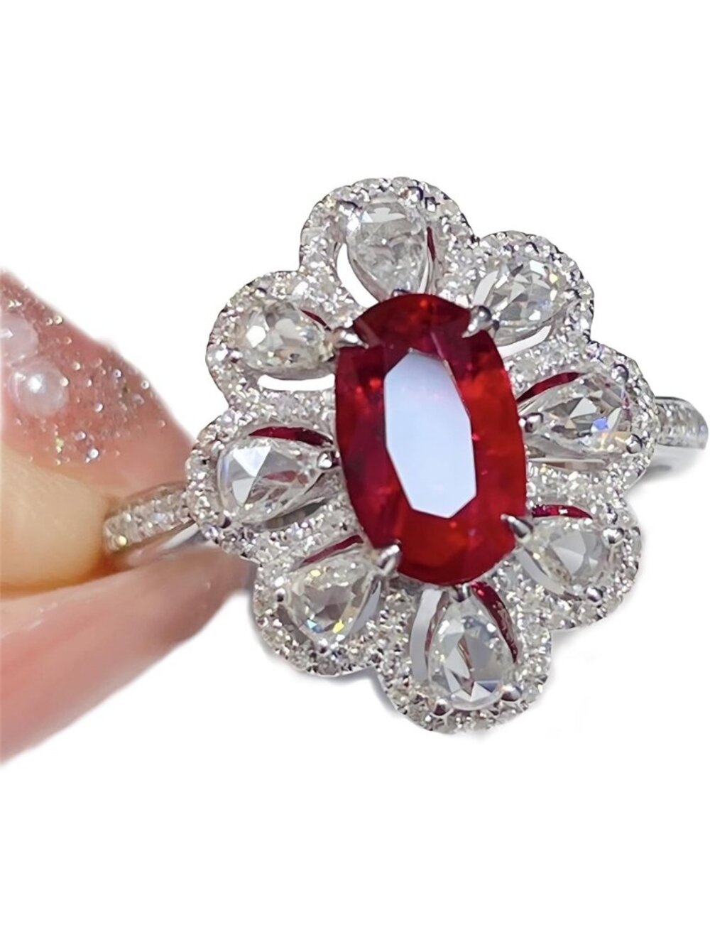 Shiny 925 Sterling Silver Diamond & Ruby Cocktail Ring, CZ Halo Eternity Band